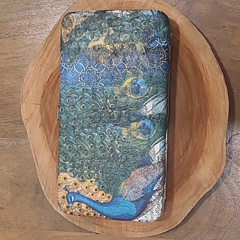 Peacock Wallet Boho Gift Keepsake Artisan Blue Green Bi-fold Rare Vintage